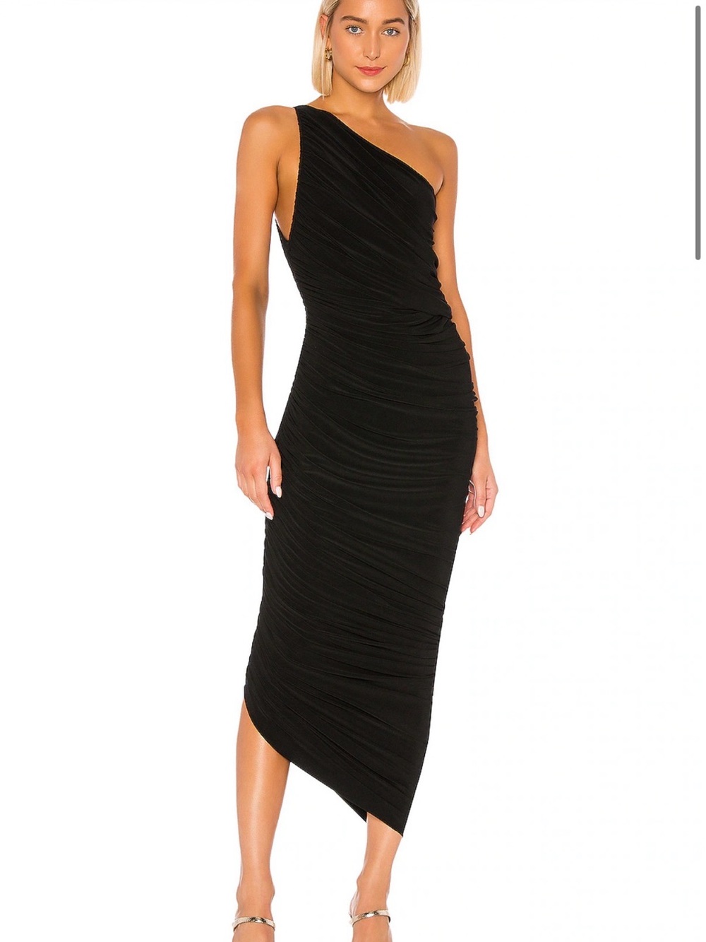 NORMA KAMALI : Diana GownOne-Shoulder Black Ruched Midi Dress